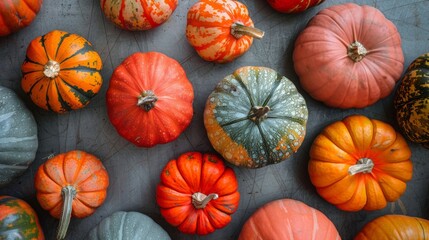 Vibrant and Textured Arrangement of Pumpkins Highlighting Organic and Natural Varieties, Suitable for a Gourmet or Organic Food Setting