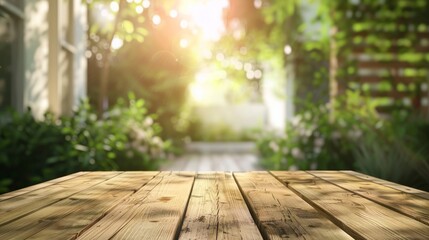 An empty wood table top with a blurred abstract background featuring greenery from a garden and a house