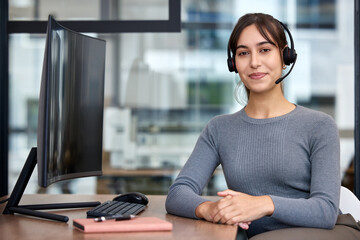 Call center, portrait and woman with headset, desk and customer service in office. CRM,...