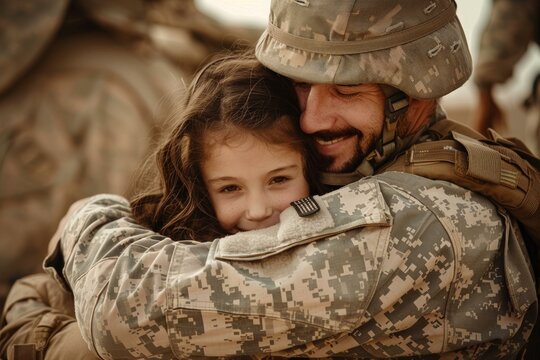 Emotional and heartwarming military family reunion with soldier father embracing his loving daughter in uniform after safe return home