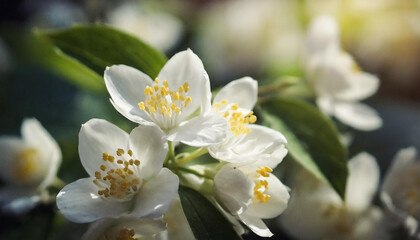 Fototapeta premium Closeup beautiful blooming tree branch with white jasmine flowers, spring floral blossom. Botanical