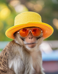 a playful monkey in a stylish sun glasses and jaunty yellow straw hat sunbathes near the swimming pool.