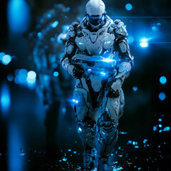 forward facing space soldier, mainly white power armor, black joints, bright blue lights, holding a gun, square 1:1