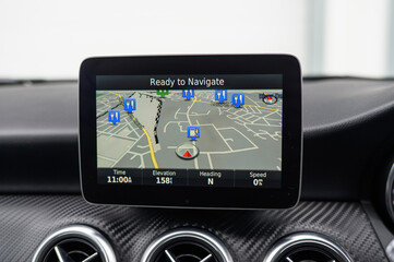 Car GPS Navigation System Display: High-Resolution Interface with Maps and Directions in Modern Vehicle