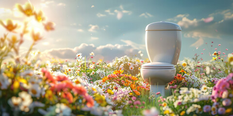 A toilet bowl stands in a blooming field surrounded by flowers on a sunny day, creative bathroom air freshener concept.