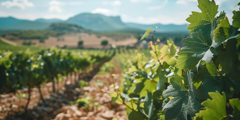 Summer landscape of a vineyard with green grape bushes and mountains on the horizon