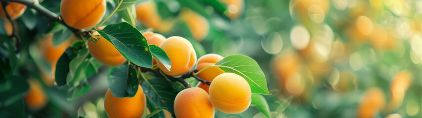 Close-up panoramic image of ripe juicy apricots on a green tree branch - Powered by Adobe