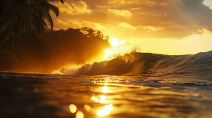 Close-up image of powerful high ocean waves on the background of a sunset tropical island