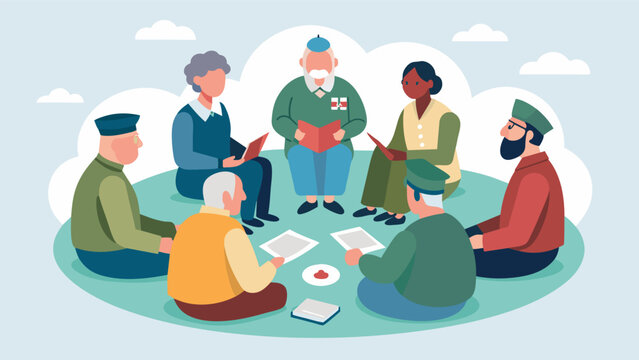 A small group of veterans sit in a circle sharing stories and experiences as they create collages that represent their individual journeys.. Vector illustration