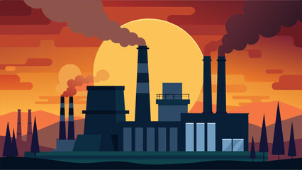 The stark silhouette of the power plant against the setting sun its smoke blending into the fading light.. Vector illustration