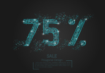 Abstract isolated blue 75 percent sale concept. Polygonal illustration looks like stars in the black night sky in space or flying glass shards. Digital design for website, web, internet.