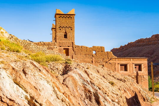 View of old ancient castle ruins village mountain valley between Telouet and Anmiter towns in Atlas Mountains, Morocco, North Africa