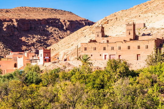 View of old ancient castle ruins village mountain valley between Telouet and Anmiter towns in Atlas Mountains, Morocco, North Africa