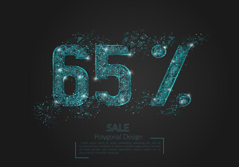 Abstract isolated blue 65 percent sale concept. Polygonal illustration looks like stars in the black night sky in space or flying glass shards. Digital design for website, web, internet.