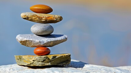 A stack of stones on the ocean at sunset. Pyramid of pebbles on the beach. The concept of balance, harmony, meditation, rest or seaside vacation. Illustration for cover, card, interior design or print