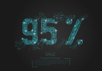 Abstract isolated blue 95 percent sale concept. Polygonal illustration looks like stars in the black night sky in space or flying glass shards. Digital design for website, web, internet.