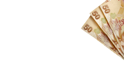 Fifty lira. Three ₺50 bills. Lira: 150tl. Turkish lira. Turkish money. Isolated on white horizontal background.