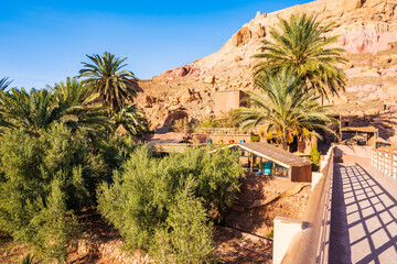 Bridge over river to Ksar Ait Ben Haddou, old Berber ancient village or kasbah, Ouarzazate,...