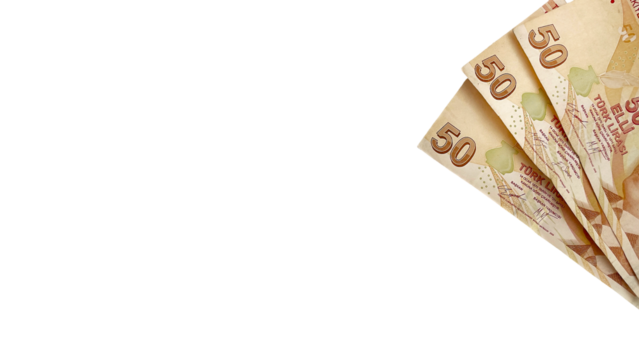 Fifty lira. Three ₺50 bills. Lira: 150tl. Turkish lira. Turkish money. Isolated on white horizontal background.