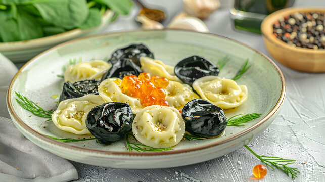 Ravioli with caviar and sauce. Black pelmeni,