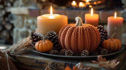 Rustic Autumn Scene with a Handmade Crochet Pumpkin Centerpiece, Surrounded by Real Pine Cones and Candles in Warm Tones