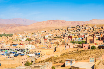 View of desert mountain landscape and Tinghir town, Morocco, North Africa