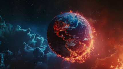 Digital concept art of a fiery earth set against a cosmic cloudscape
