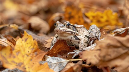 Gray frog Bufo bufo on top of brown foliage in woodland in the midst of the breeding season