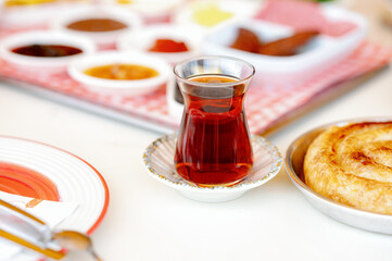 A cup of Turkish tea on the table, breakfast