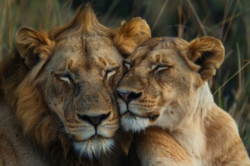 Intimate moment of a male and female lion showing affection towards each other