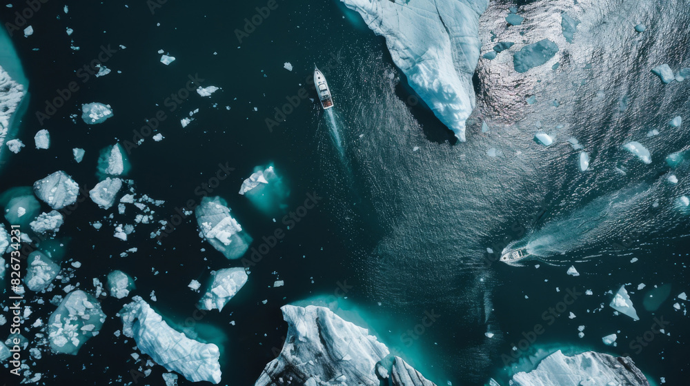 Aufkleber aerial view of a boat surrounded by floating icebergs, showcasing the vivid contrast of natural elem