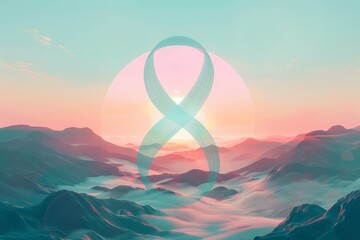 Fototapeta premium Flat design illustration of a hope symbol in the cancer journey, viewed from the top, futuristic theme, pastelcolored cartoon drawing selective focus