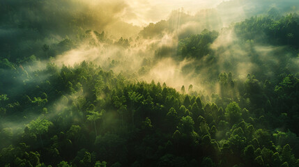 Fototapeta premium Aerial view of a fog-covered forest bathed in golden morning light