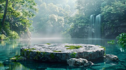 trade display stand Single stone platform, bright sky background, water below, nature