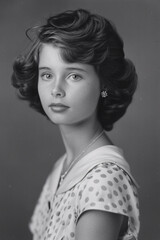 Fototapeta premium 1960s style black and white yearbook photo, passport photo of a beautiful young woman