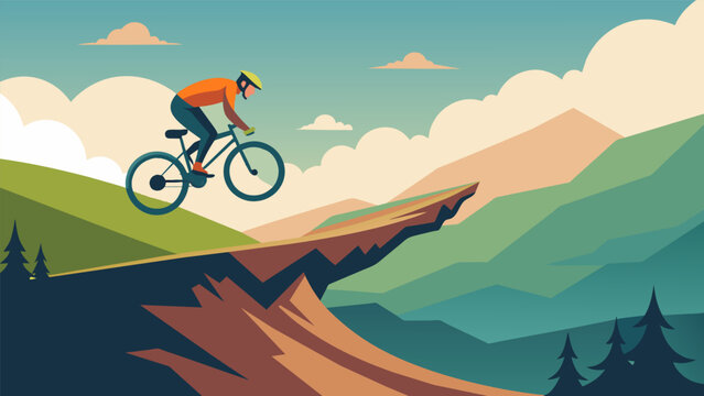 With a leap and a twist the biker completes a daring jump over a ravine on the VR mountain bike trail landing perfectly on the other side.. Vector illustration
