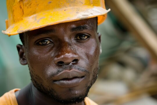 Closeup portrait of a focused construction worker with a safety helmet