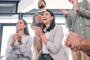 Business people, teamwork and clapping in office for celebration, creative meeting or deal success....