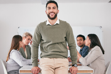 Businessman, portrait and team meeting in office for brainstorming, ideas and planning with smile. Male person, foreground and collaboration as group, people and workplace as sales consultant in firm