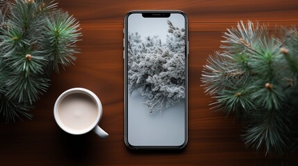 Winter-themed mockup smartphone with coffee cup and pine branches on a wooden table.
