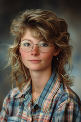 Obraz premium 90s style yearbook photo or passport photo of a young blond woman with glasses