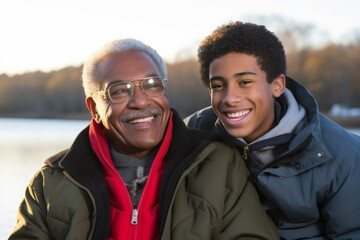 Family Bonding: Father and Son Enjoying a Winter Day by the Lake 