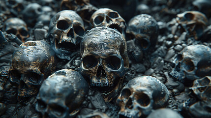 Human skulls piled up, mass grave, death and genocide concept