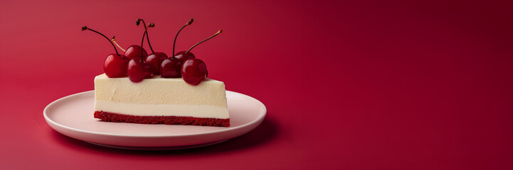 Slice of Cherry Cheesecake on a Plate with Red to Cream Gradient Backdrop