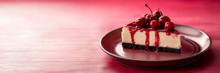 Slice of Cherry Cheesecake on a Plate with a Red to Cream Gradient Background