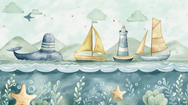 Delightful Nursery Watercolor Art Featuring Sailboats and Submarines in Calm Blue and Green Hues for a Relaxing Atmosphere