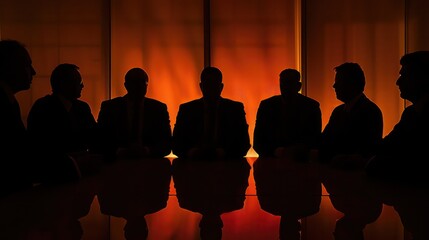 A shadowy group of men in suits sit around a conference table.,