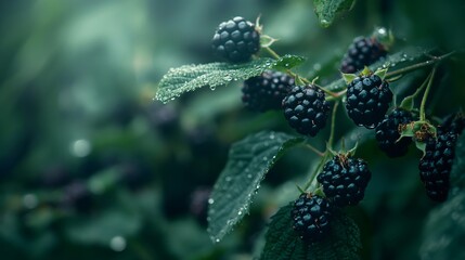 Dew Kissed Blackberries on Bush with Dark Green Background and Copy Space
