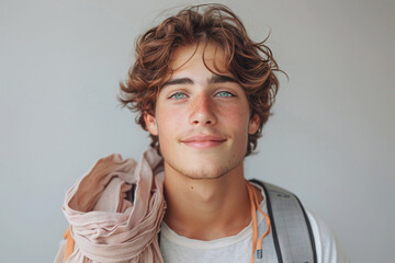 Young Smiling Man with Backpack Posing in Casual Outfit Against Gray Background