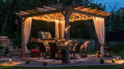 A wooden table and chairs are arranged neatly under a gazebo adorned with string lights, creating a cozy and inviting outdoor dining area,